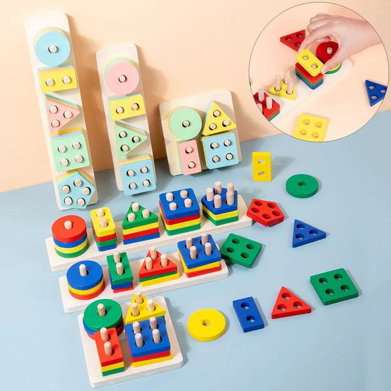 Montessori Toy Wooden Building Blocks Early Learning Educational Toys Color Shape Match Kids Puzzle Toys For Children Boys Girls - Image 3