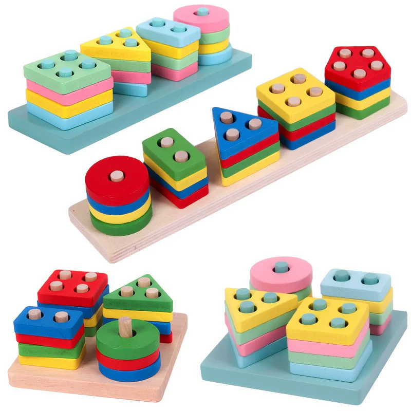 Montessori Toy Wooden Building Blocks Early Learning Educational Toys Color Shape Match Kids Puzzle Toys For Children Boys Girls - Image 2
