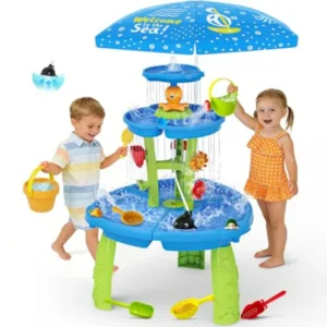 2026 Upgraded Toddlers Water Table 3-Tier Sand and Water Table with Water Pump Umbrella Summer Outdoor Toys Activity Sensory Pl
